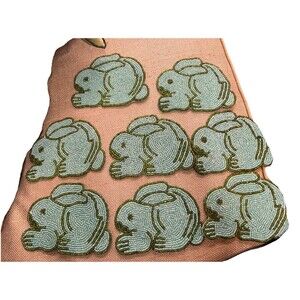 RLK By Leila’s Linen Hand Beaded Rabbit Coasters Green And Blue Made In India